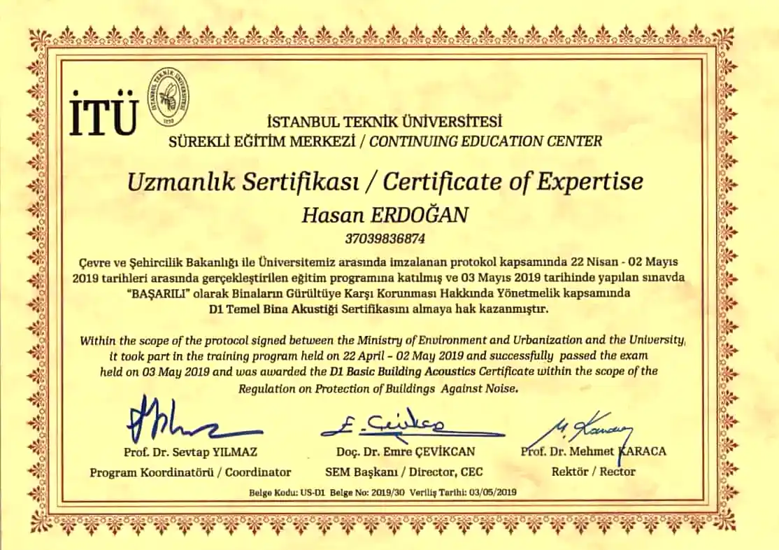 Akustik Yetki Sertifikamız
